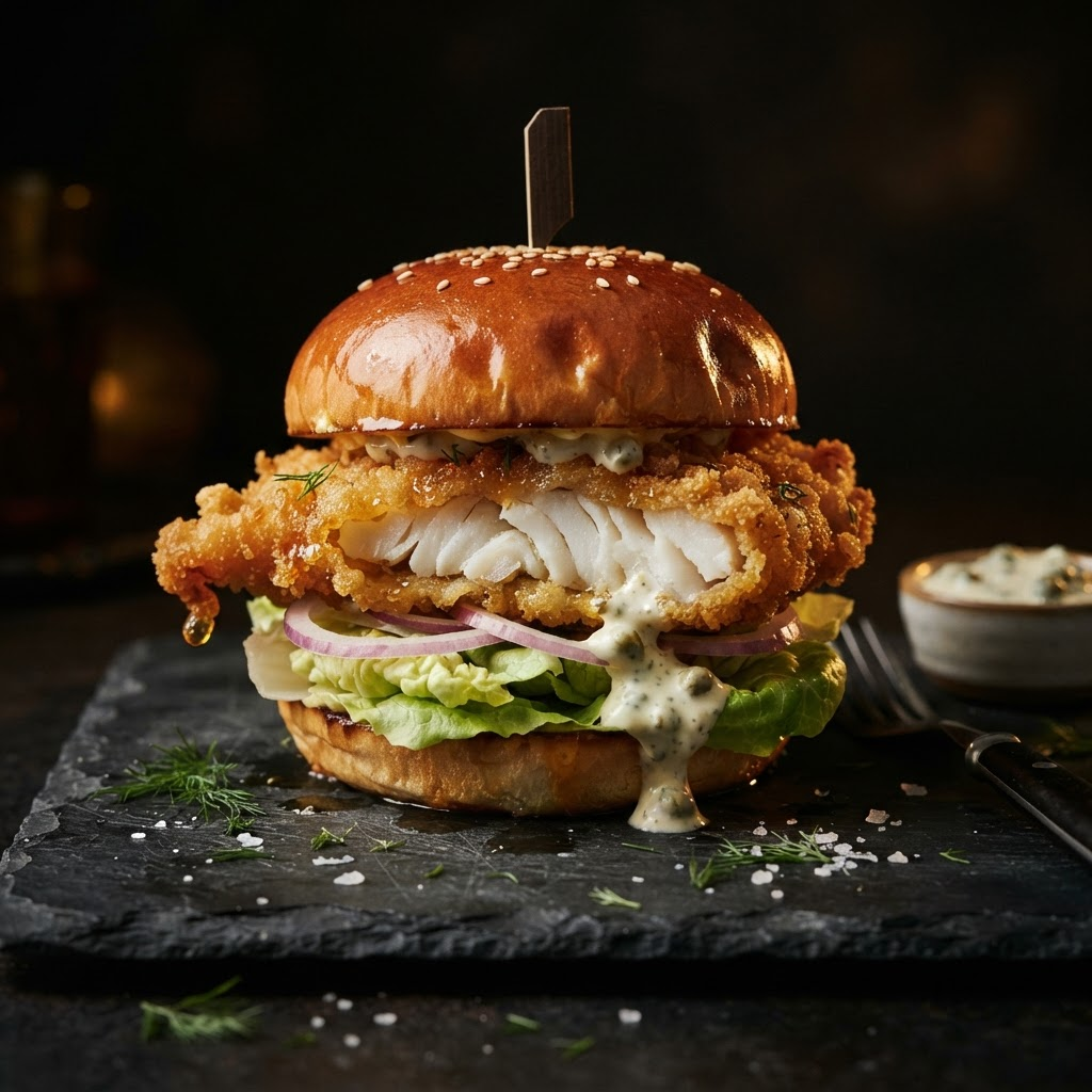 Gourmet shark fillet burger in a toasted brioche bun with lettuce, red onion and tartar sauce